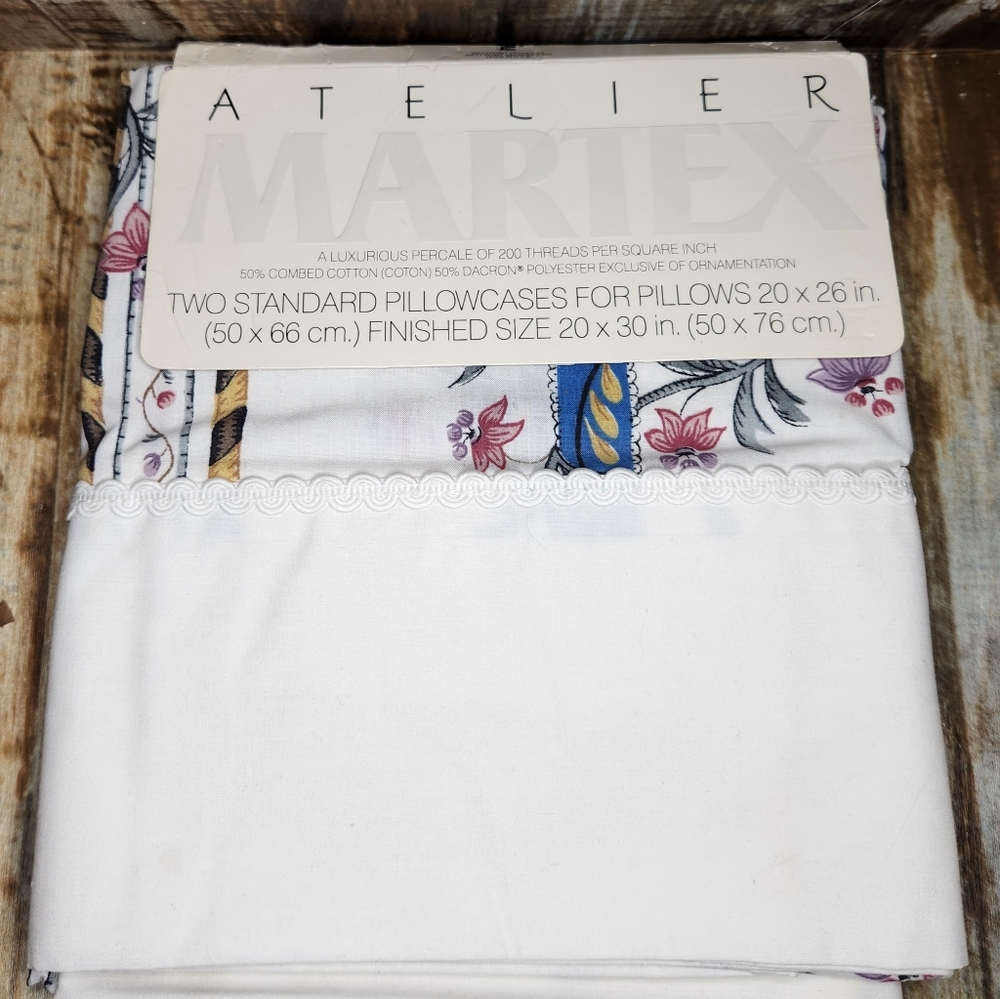 Vtg 90’s NOS Atelier Martex Set 2 Standard Pillowcases Floral Stripe New Cotton